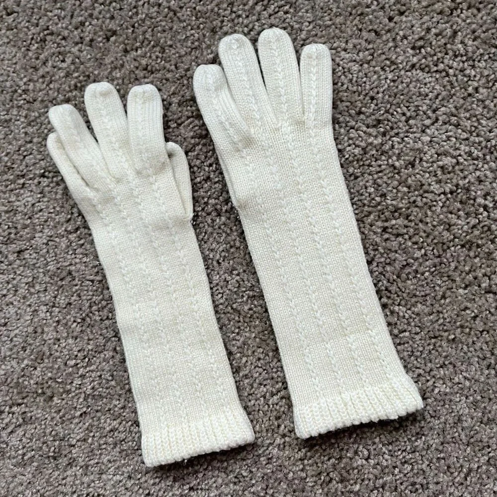VTG Ivory Cable Knit Long Gloves 60s Romantic Minimalist Winter